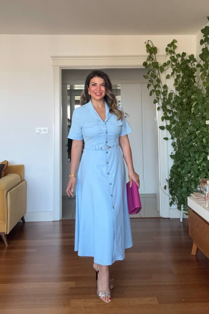 BELTED BUTTON-DOWN MIDI SHIRT DRESS - BABY BLUE