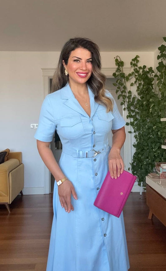 BELTED BUTTON-DOWN MIDI SHIRT DRESS - BABY BLUE