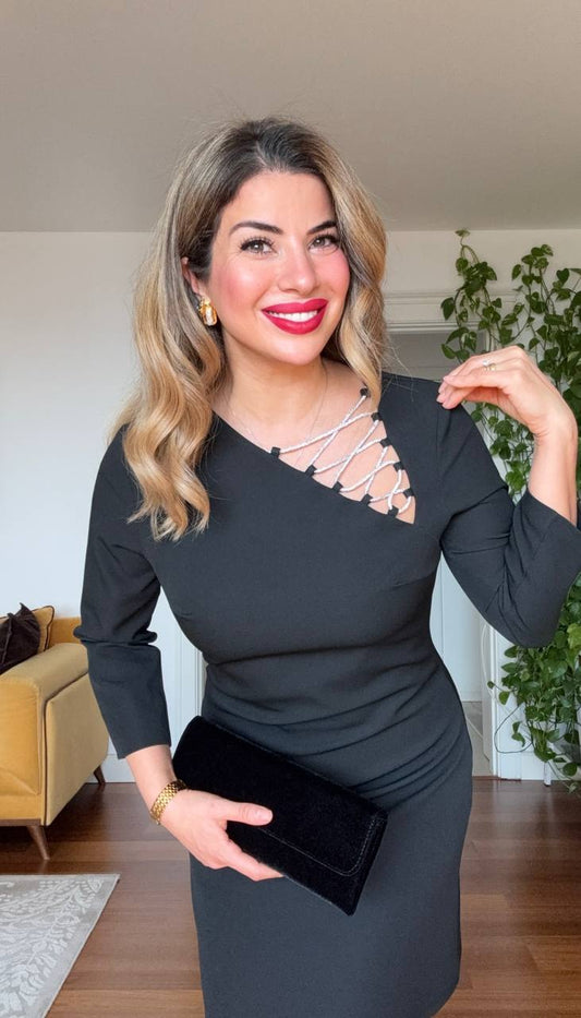 ASYMMETRIC NECKLINE CRYSTAL DETAILED DRESS - BLACK