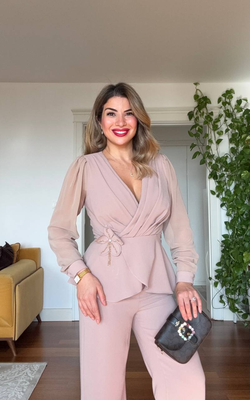 CHIFFON SLEEVE WRAP PEPLUM SUIT - POWDER