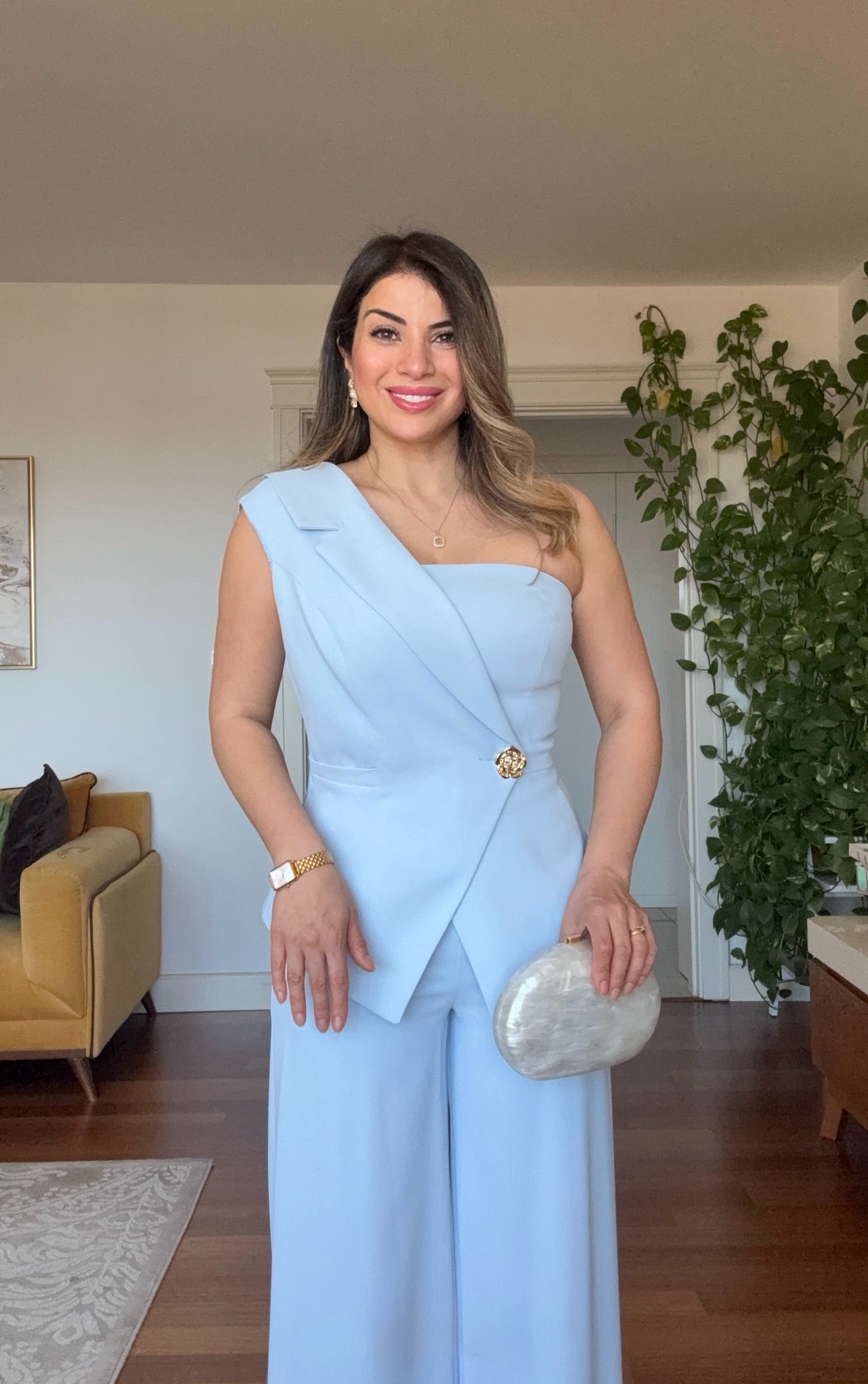 ASYMMETRIC ONE-SHOULDER BLAZER COLLAR WIDE-LEG SUIT - BABY BLUE