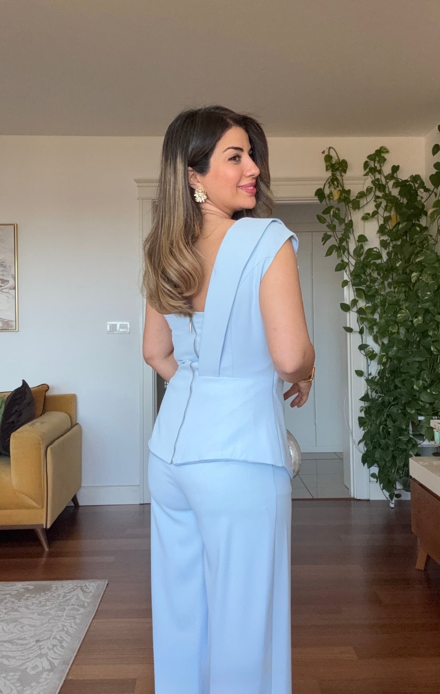ASYMMETRIC ONE-SHOULDER BLAZER COLLAR WIDE-LEG SUIT - BABY BLUE