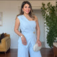 ASYMMETRIC ONE-SHOULDER BLAZER COLLAR WIDE-LEG SUIT - BABY BLUE