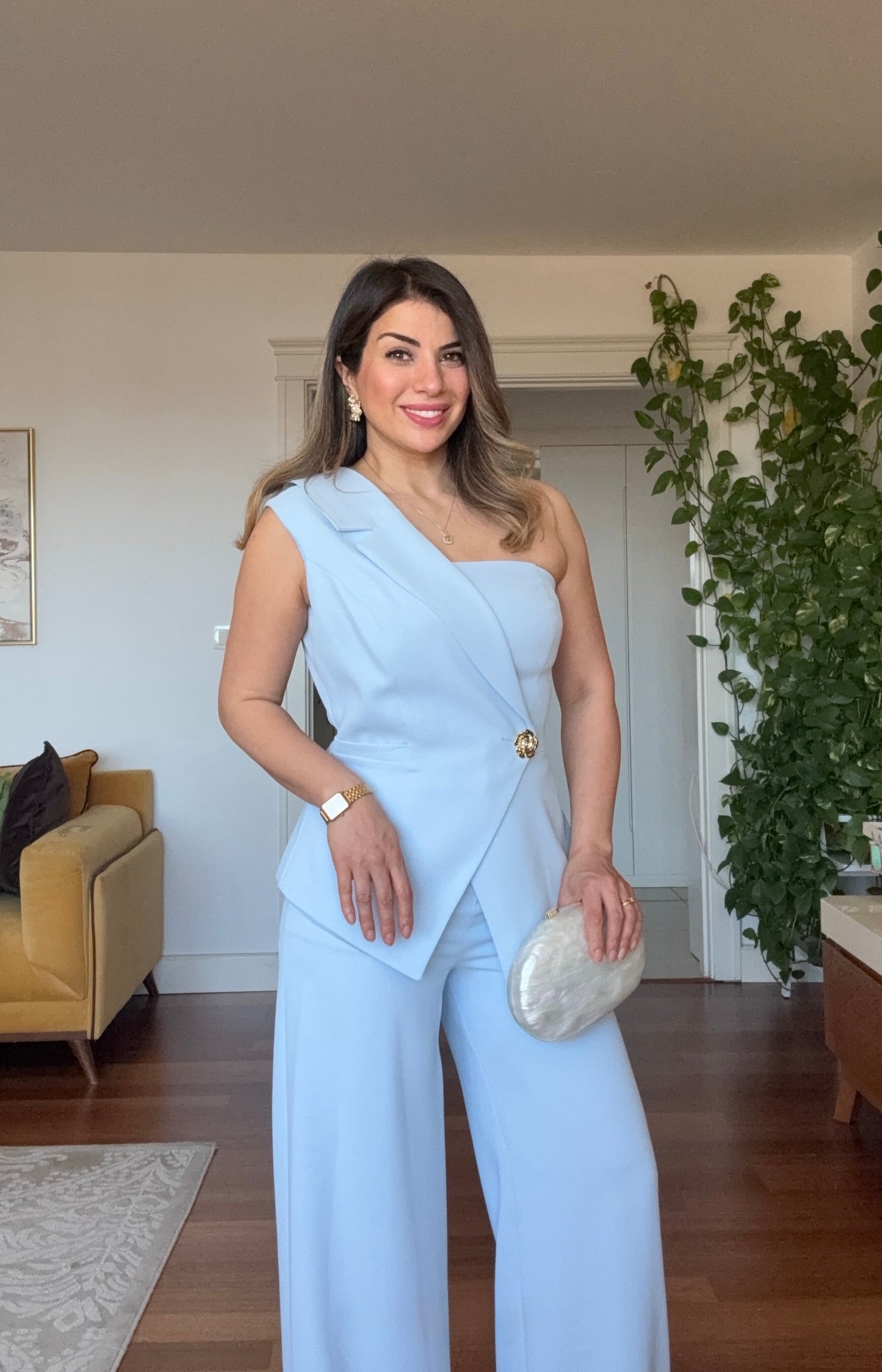 ASYMMETRIC ONE-SHOULDER BLAZER COLLAR WIDE-LEG SUIT - BABY BLUE