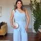ASYMMETRIC ONE-SHOULDER BLAZER COLLAR WIDE-LEG SUIT - BABY BLUE