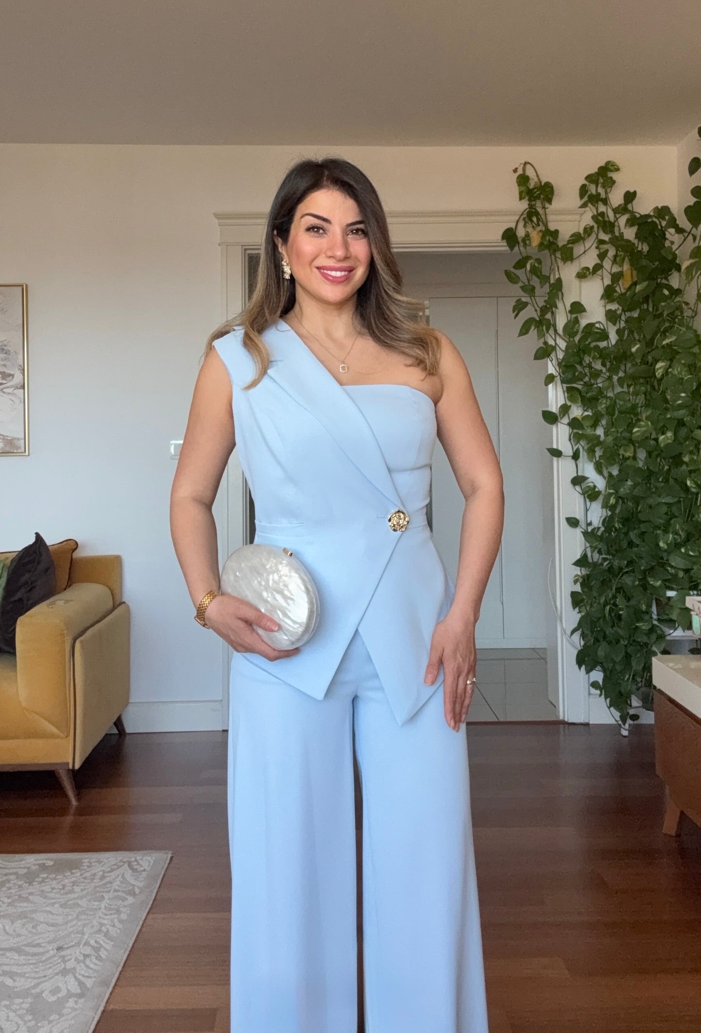ASYMMETRIC ONE-SHOULDER BLAZER COLLAR WIDE-LEG SUIT - BABY BLUE