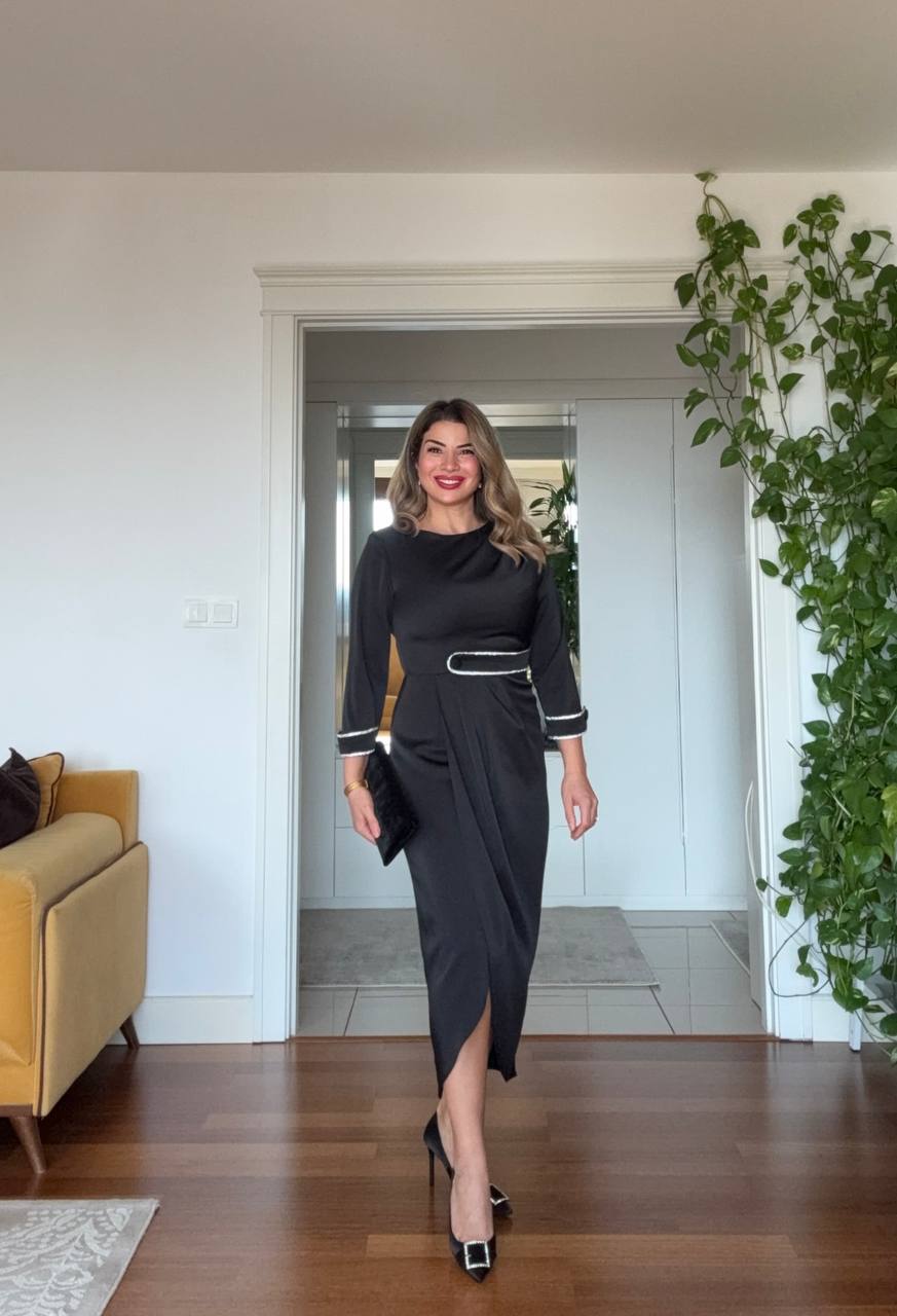 ASYMMETRICAL DRESS WITH STONE-DETAIL BELT - BLACK