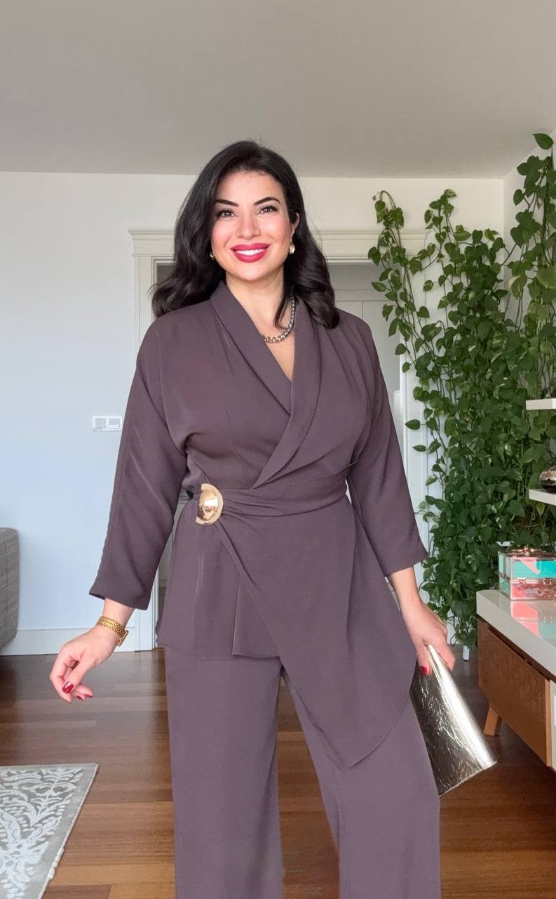 WRAP BELTED BLAZER SET - MOCHA BROWN