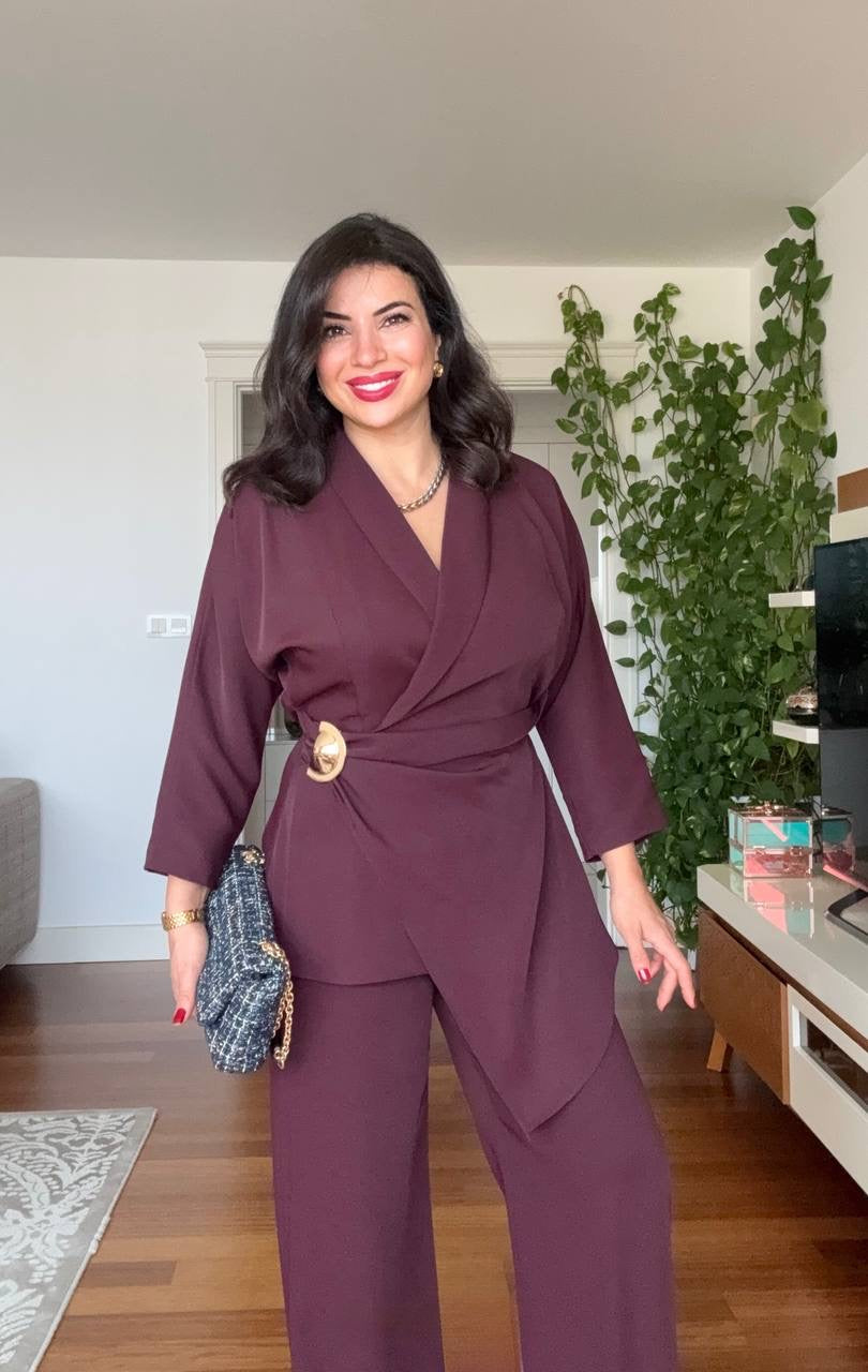 WRAP BELTED BLAZER SET - BURGUNDY