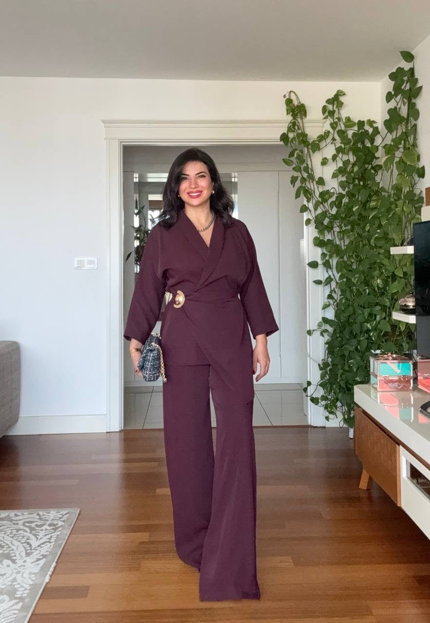WRAP BELTED BLAZER SET - BURGUNDY