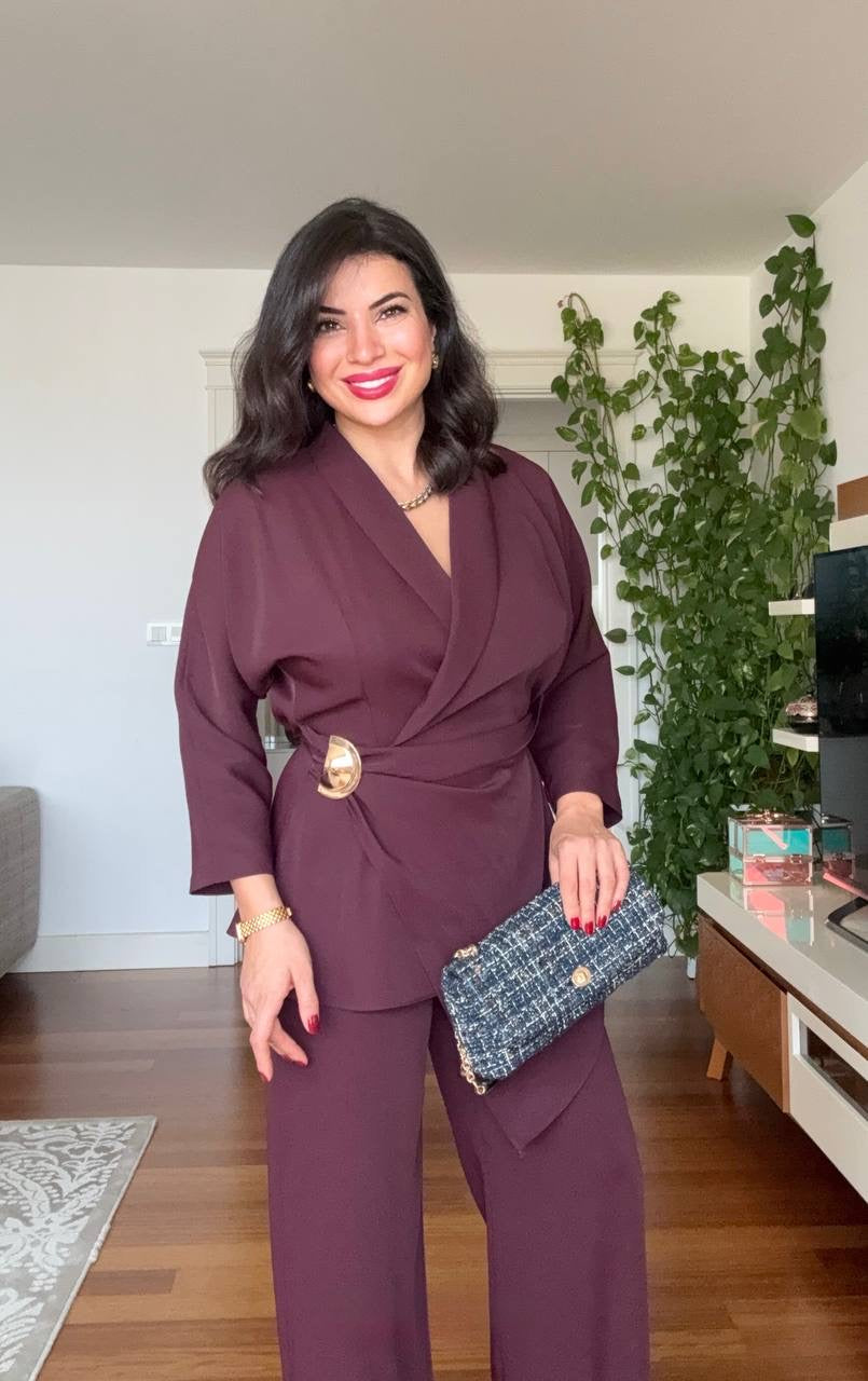 WRAP BELTED BLAZER SET - BURGUNDY