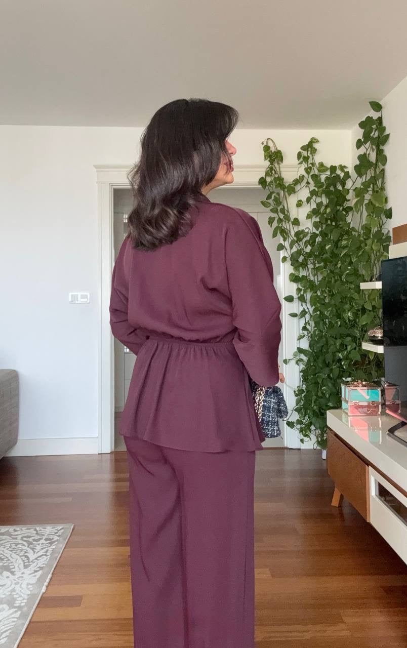 WRAP BELTED BLAZER SET - BURGUNDY