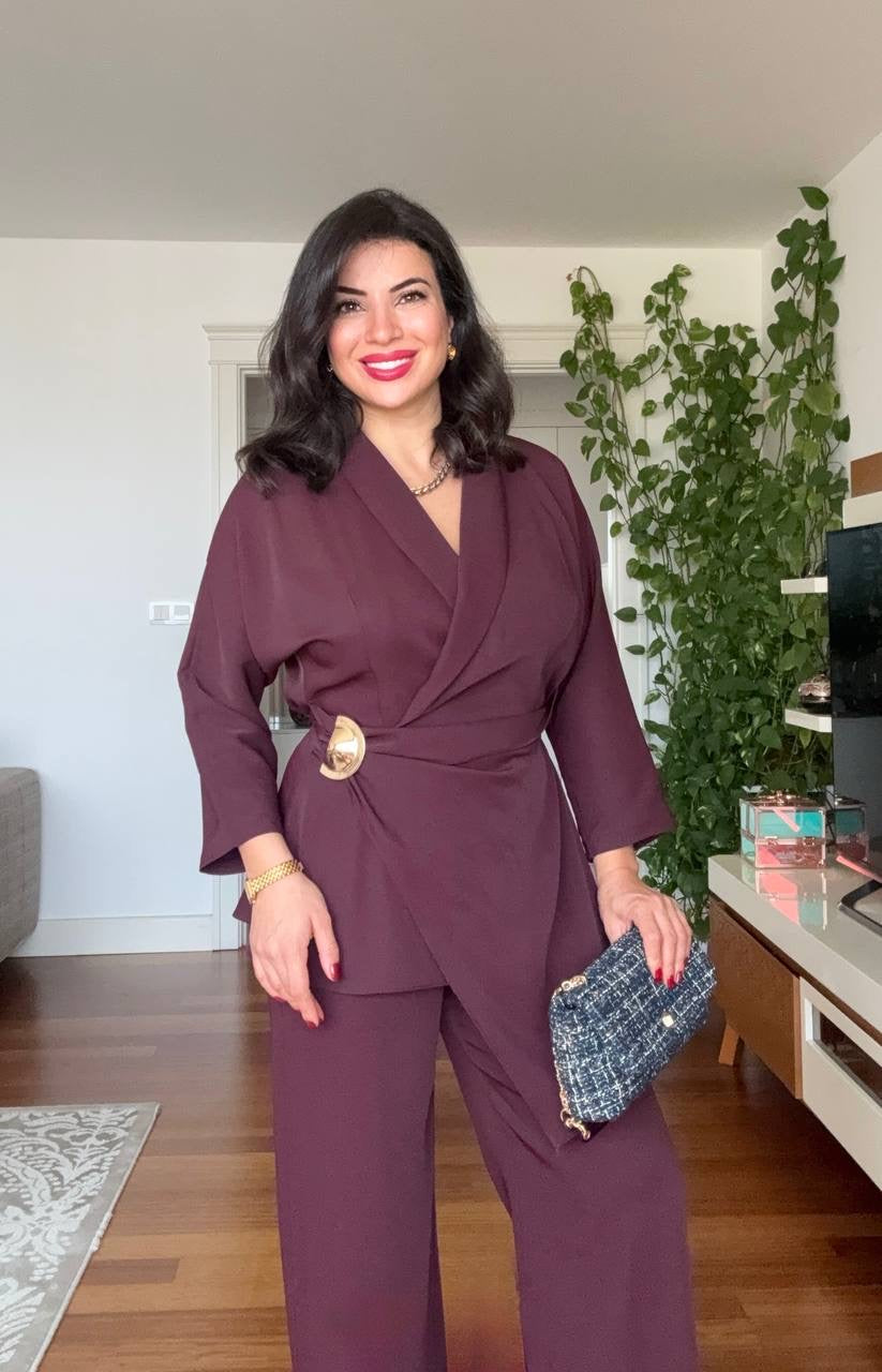 WRAP BELTED BLAZER SET - BURGUNDY
