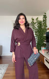 WRAP BELTED BLAZER SET - BURGUNDY
