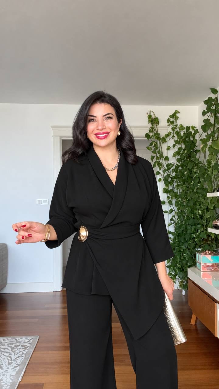 WRAP BELTED BLAZER SET - BLACK