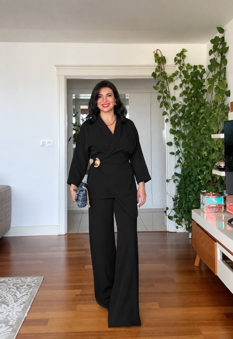 WRAP BELTED BLAZER SET - BLACK