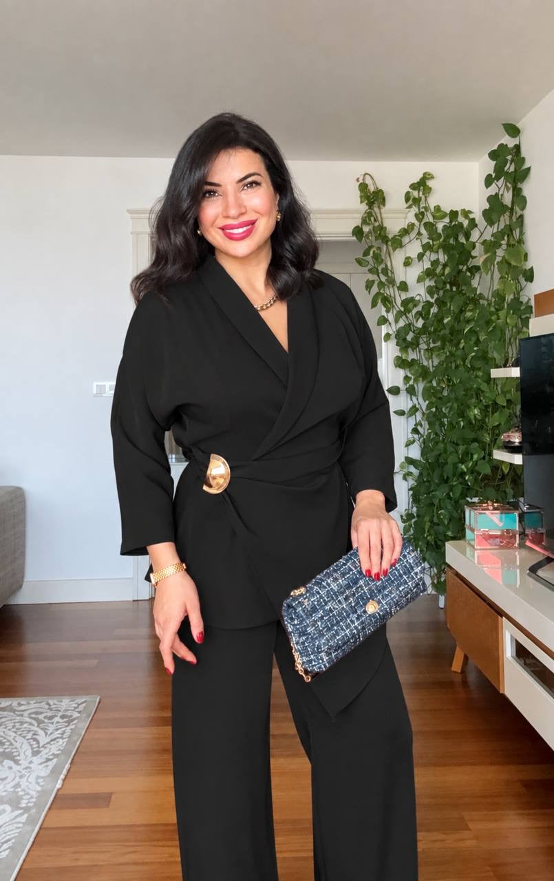 WRAP BELTED BLAZER SET - BLACK
