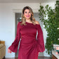 ONE-SHOULDER BEADED SATIN DRESS - BURGUNDY
