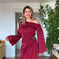 ONE-SHOULDER BEADED SATIN DRESS - BURGUNDY