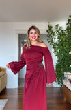ONE-SHOULDER BEADED SATIN DRESS - BURGUNDY