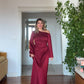 ONE-SHOULDER BEADED SATIN DRESS - BURGUNDY