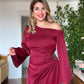 ONE-SHOULDER BEADED SATIN DRESS - BURGUNDY