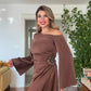 ONE-SHOULDER BEADED SATIN DRESS - BROWN