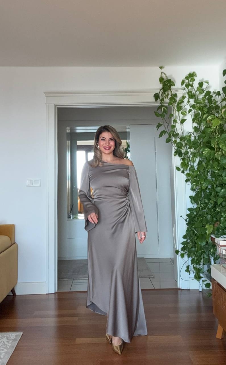 ONE-SHOULDER BEADED SATIN DRESS - MİNK