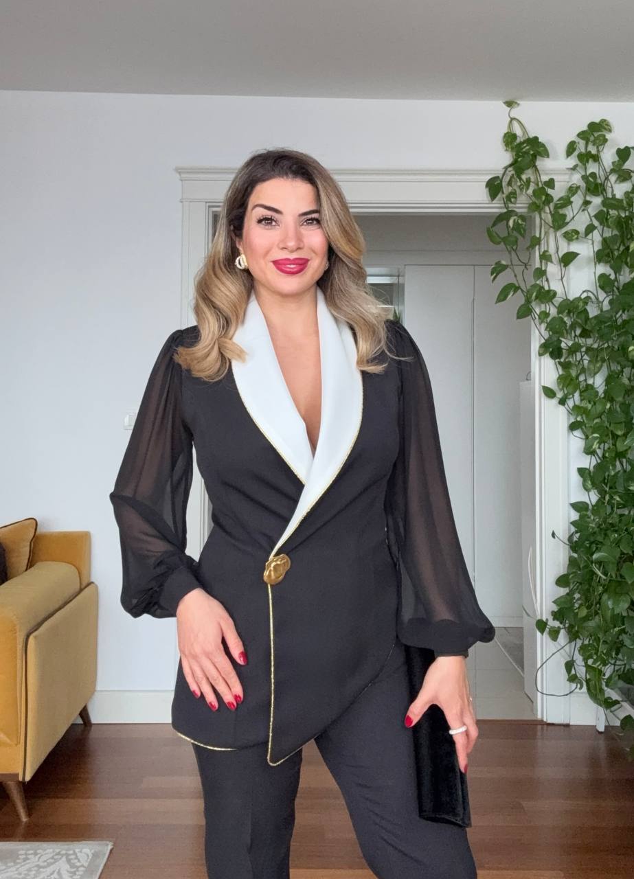 CHIFFON SLEEVE ASYMMETRIC BLAZER SUIT – BLACK