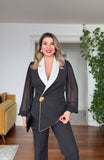 CHIFFON SLEEVE ASYMMETRIC BLAZER SUIT – BLACK