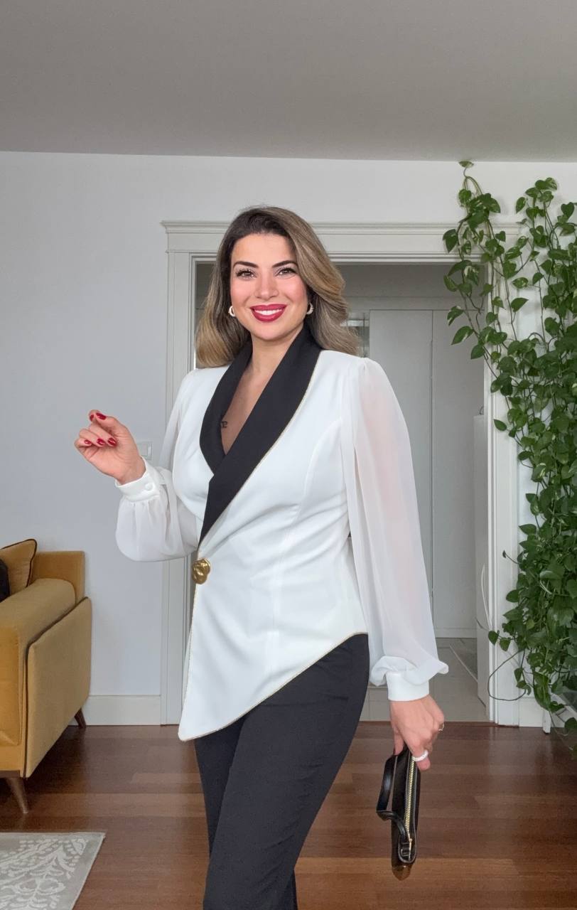CHIFFON SLEEVE ASYMMETRIC BLAZER SUIT – WHİTE