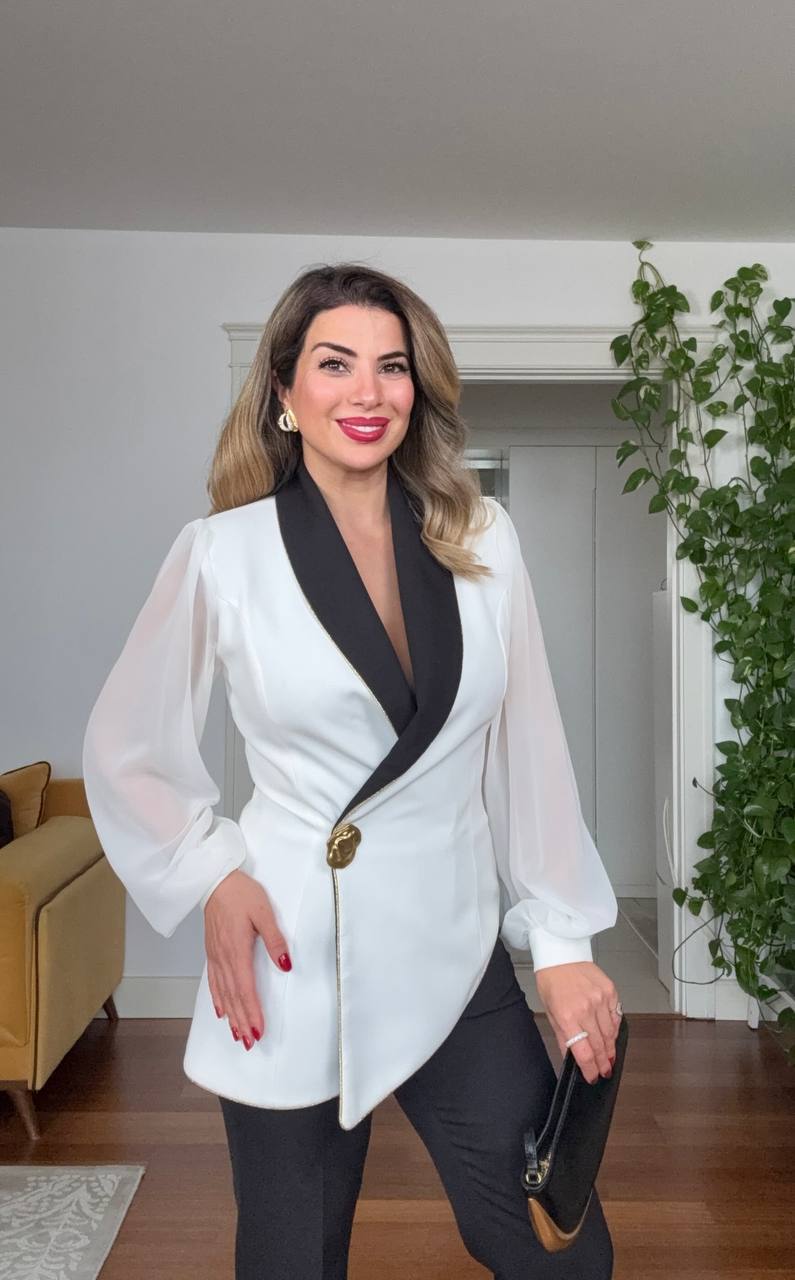 CHIFFON SLEEVE ASYMMETRIC BLAZER SUIT – WHİTE