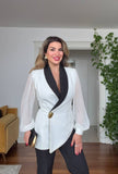 CHIFFON SLEEVE ASYMMETRIC BLAZER SUIT – WHİTE