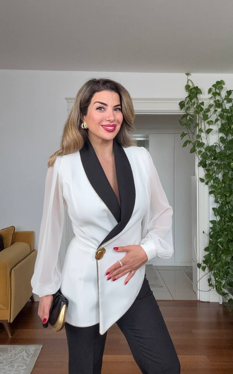 CHIFFON SLEEVE ASYMMETRIC BLAZER SUIT – WHİTE