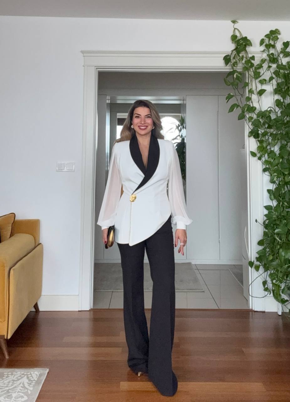 CHIFFON SLEEVE ASYMMETRIC BLAZER SUIT – WHİTE