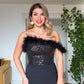FEATHER-TRIMMED SEQUIN STRAPLESS EVENING DRESS WITH SLIT – BLACK