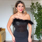 FEATHER-TRIMMED SEQUIN STRAPLESS EVENING DRESS WITH SLIT – BLACK
