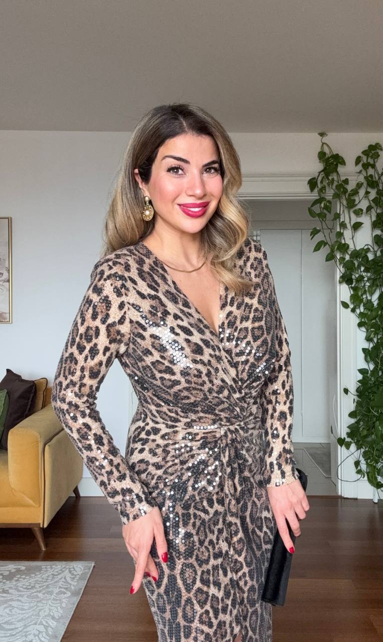 LEOPARD PRINT SEQUIN WRAP DRESS
