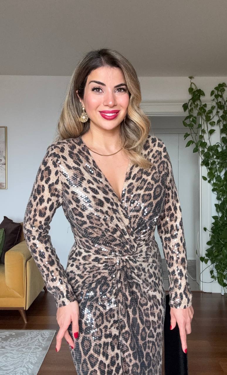 LEOPARD PRINT SEQUIN WRAP DRESS