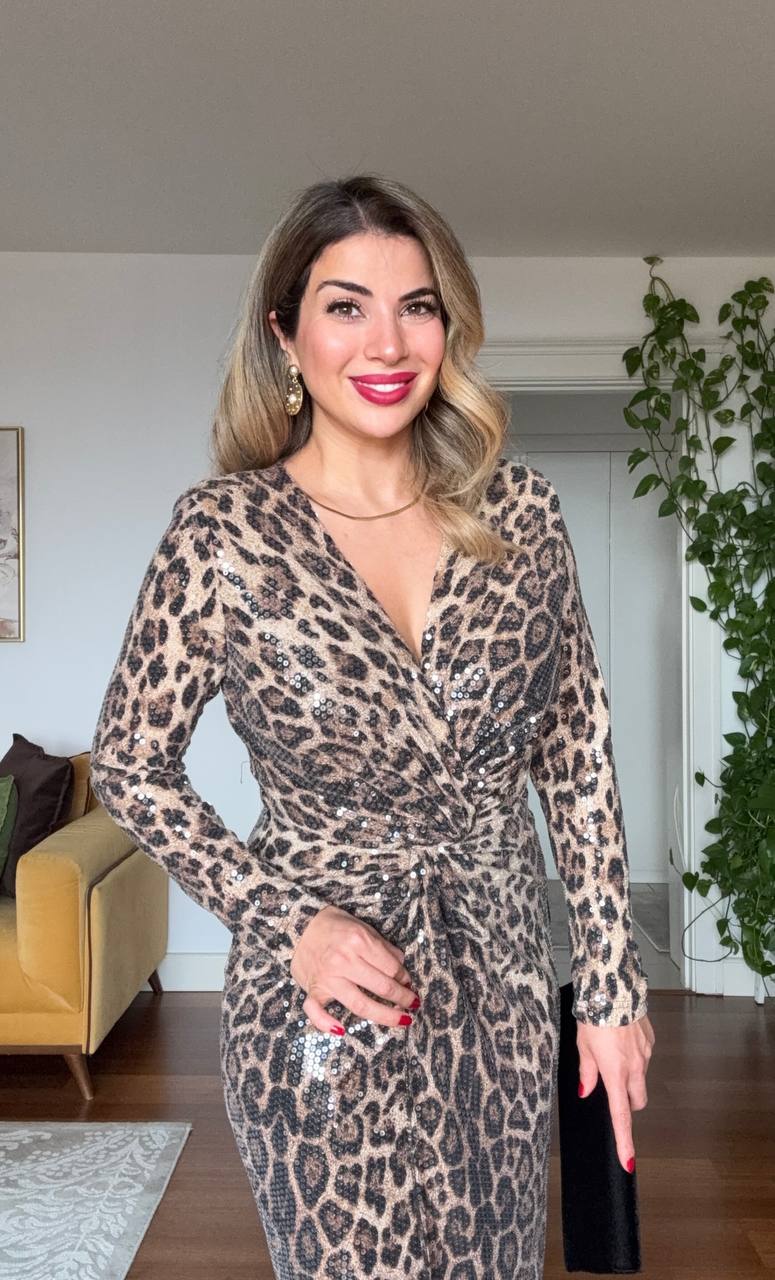 LEOPARD PRINT SEQUIN WRAP DRESS