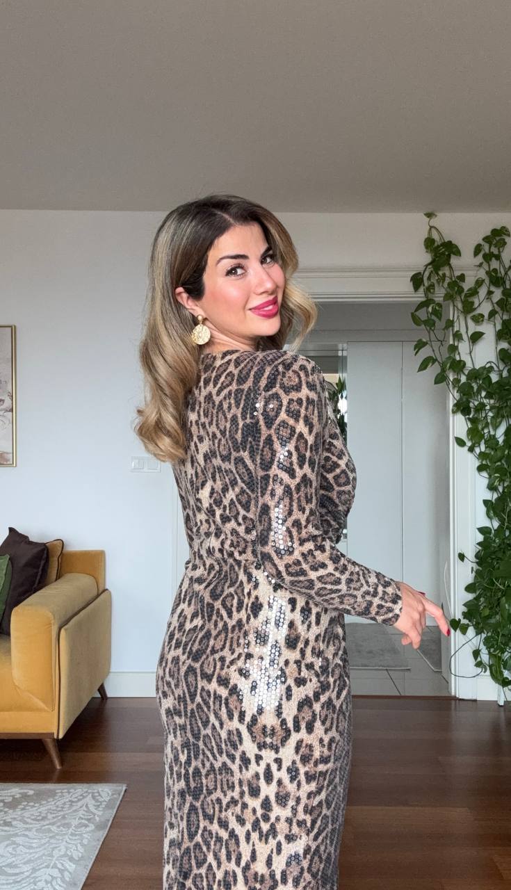LEOPARD PRINT SEQUIN WRAP DRESS