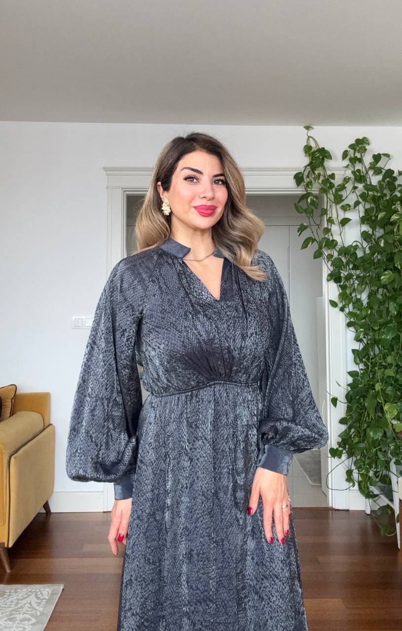 SHINY SATIN BALLOON SLEEVE MIDI DRESS 
- ANTHRACITE GRAY