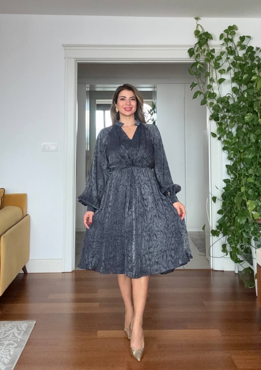 SHINY SATIN BALLOON SLEEVE MIDI DRESS 
- ANTHRACITE GRAY