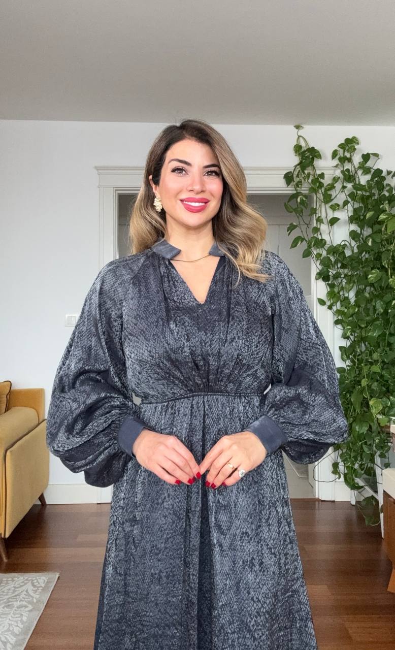 SHINY SATIN BALLOON SLEEVE MIDI DRESS 
- ANTHRACITE GRAY