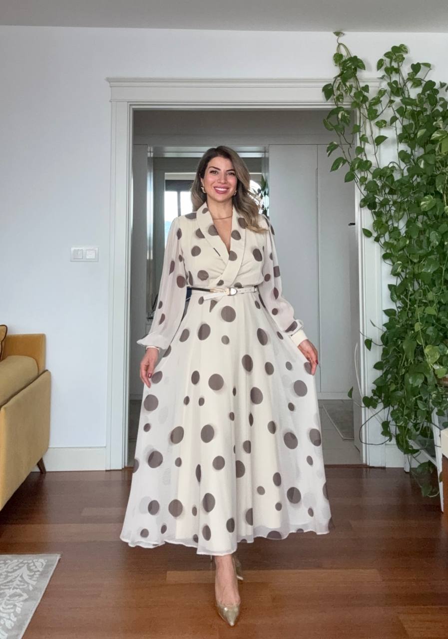 POLKA DOT CHIFFON WRAP DRESS – BEIGE