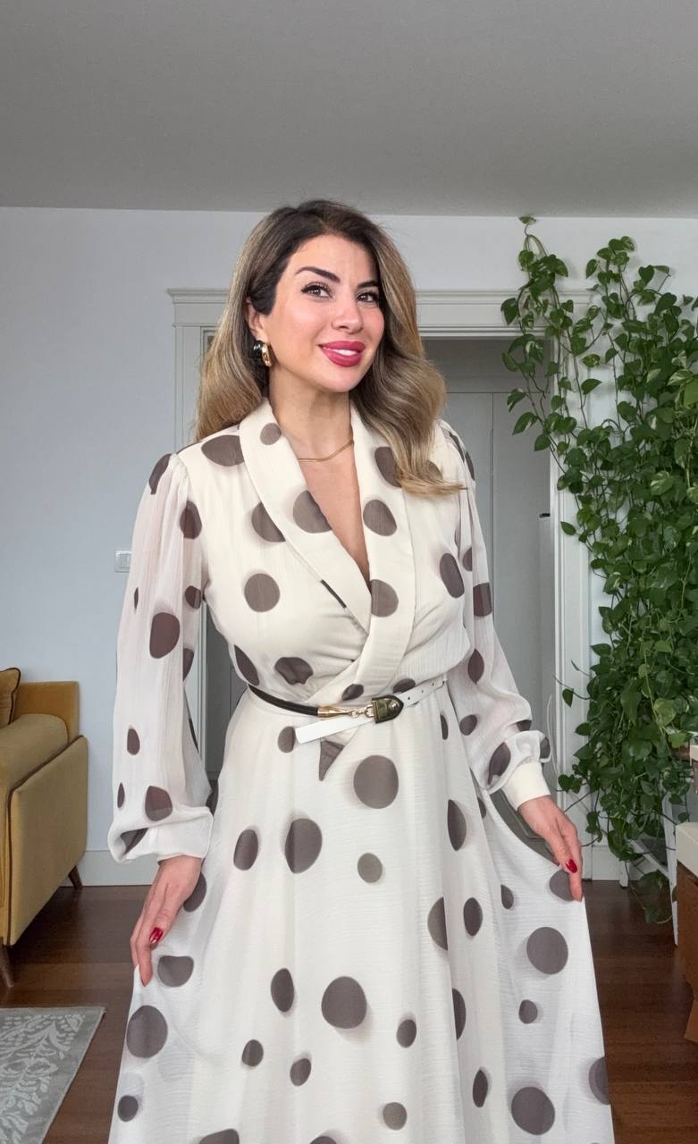 POLKA DOT CHIFFON WRAP DRESS – BEIGE