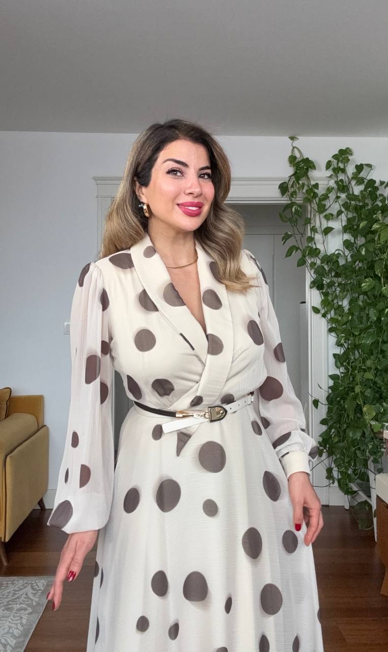 POLKA DOT CHIFFON WRAP DRESS – BEIGE