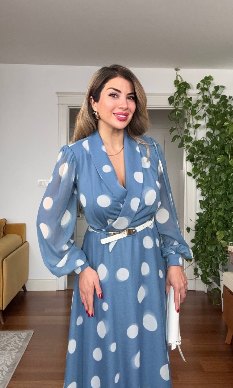 POLKA DOT CHIFFON WRAP DRESS – BLUE