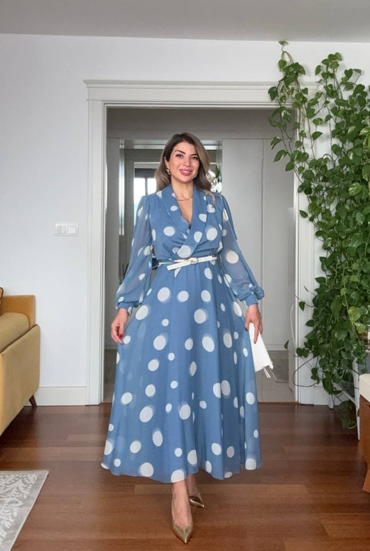 POLKA DOT CHIFFON WRAP DRESS – BLUE