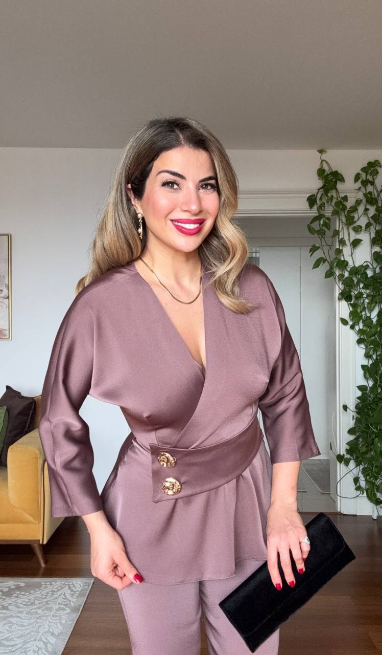 ELEGANT WRAP PEPLUM SUIT – MOCHA BROWN